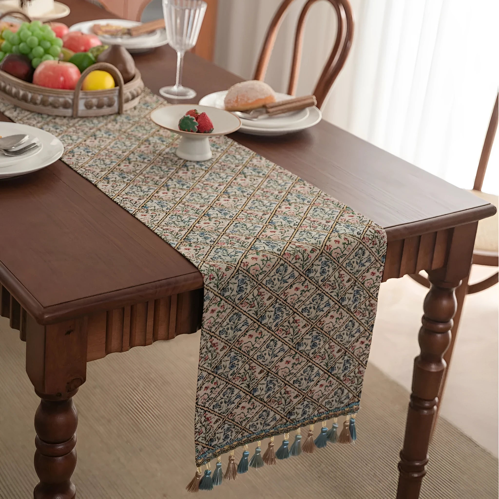 Nordic jacquard stripe pattern table runner with tassel fringe in dark blue.