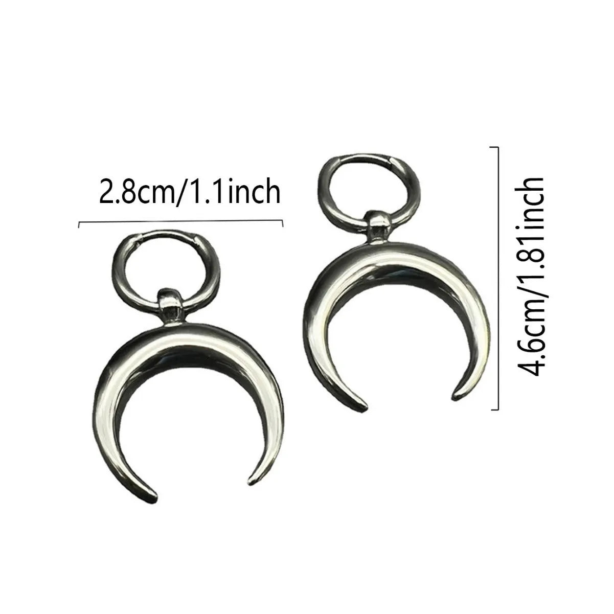 Silver alloy clip-on hoop earrings with gothic moon design and punk style geometric shape