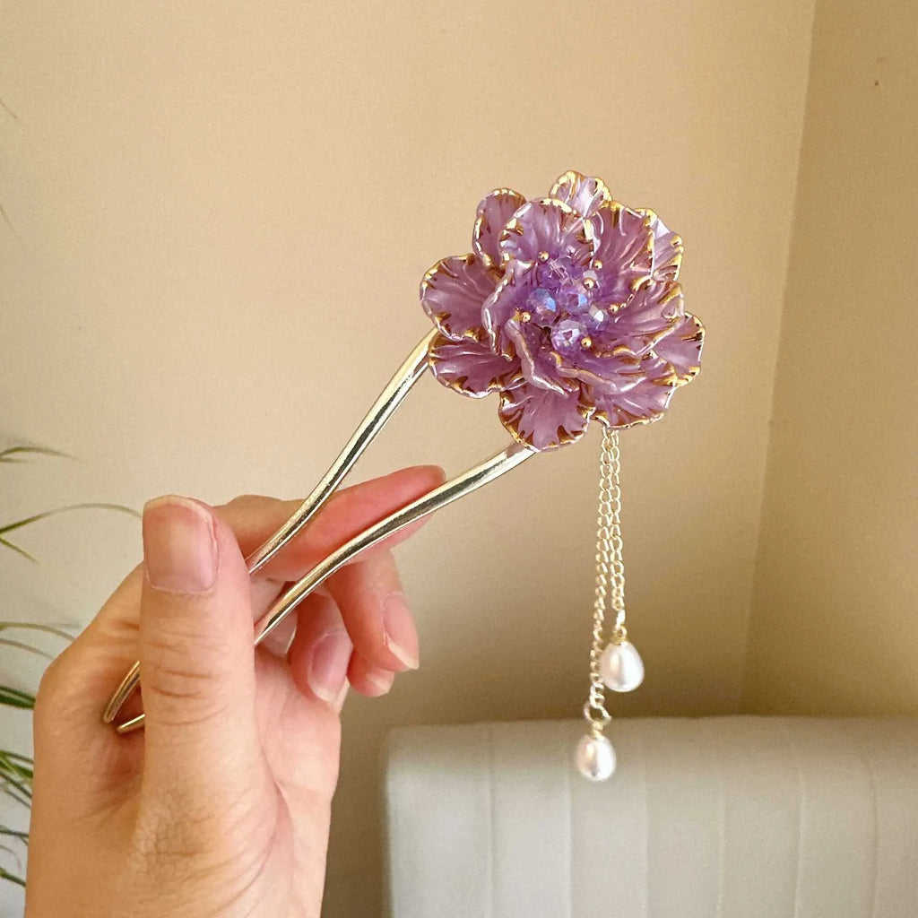 Decorative U-shaped hairpin with purple peony flower and hanging tassels in pastoral style