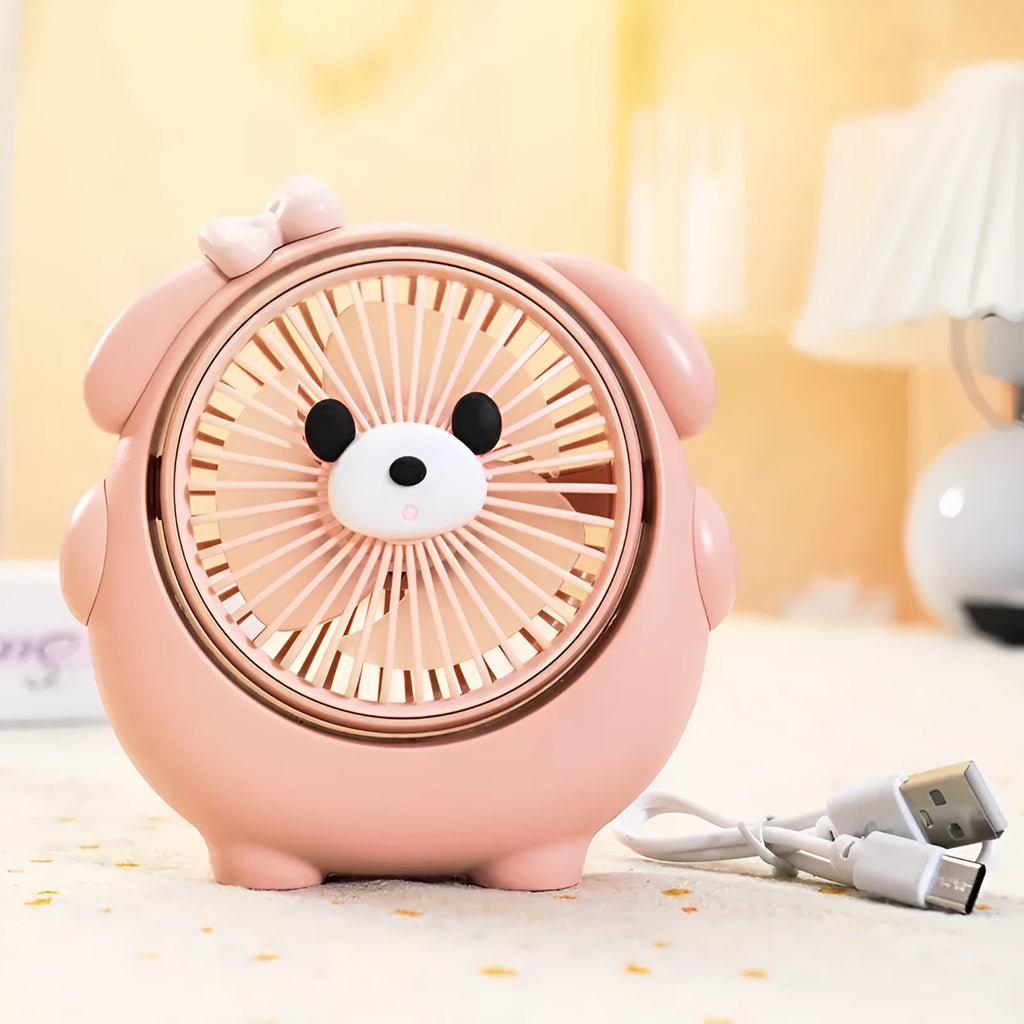 Dog-shaped desktop USB fan showing colour options including brown bear and pink puppy variants