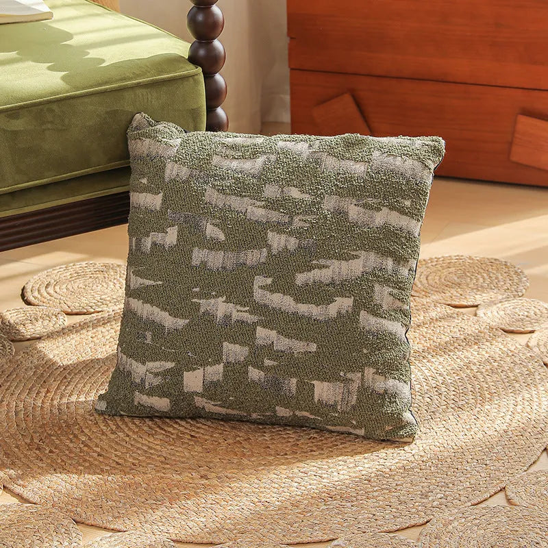 Square Jacquard pillow cover with detailed retro floral pattern on a grey sofa, showing 45x45cm size.