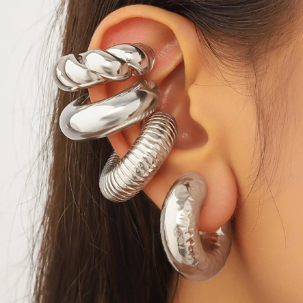 Geometric clip-on earrings for women in gold and silver colours, four-piece set