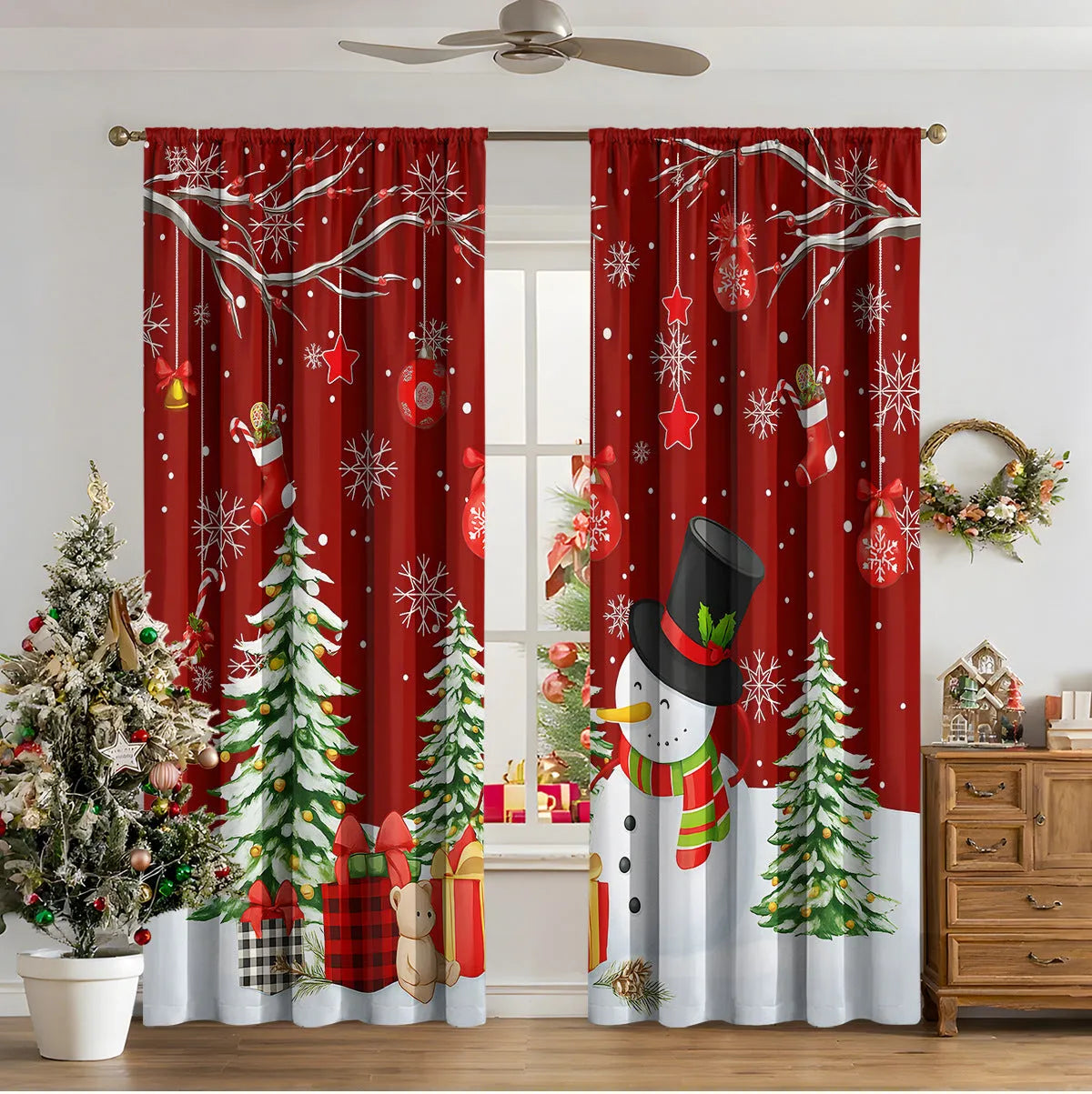 Pair of 3D digitally printed Christmas curtains with a European pattern on polyester fabric.
