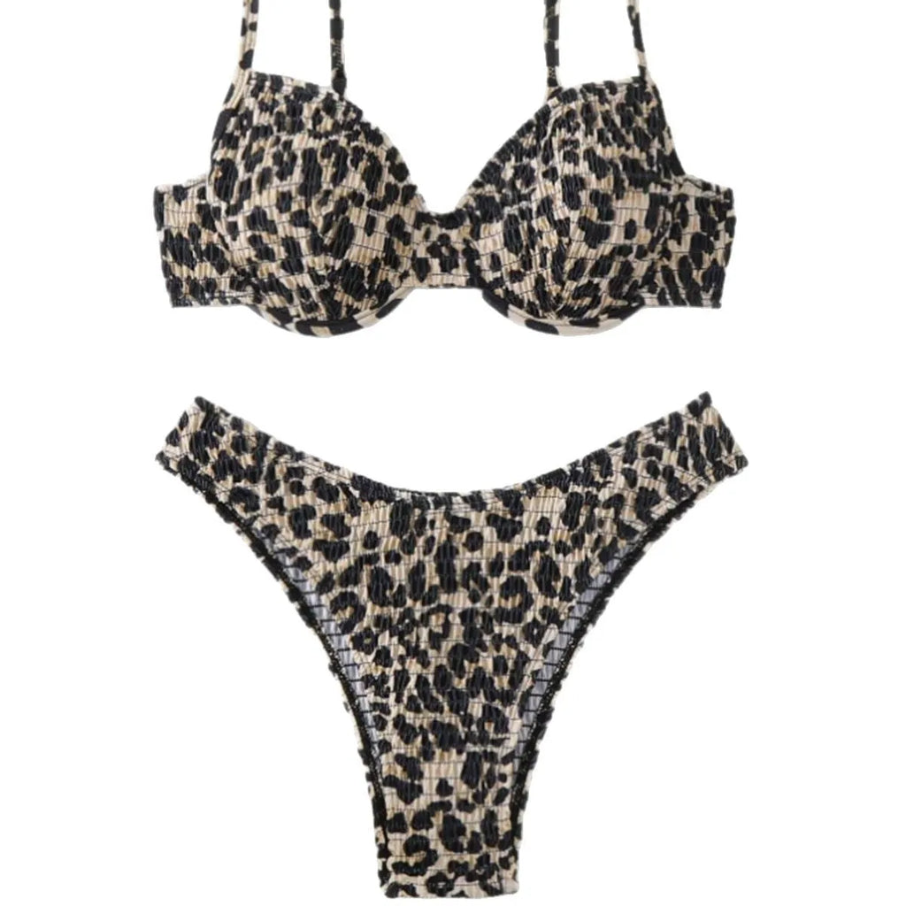 Women's leopard point print bikini swimsuit with backless design showing brown mixed colour option