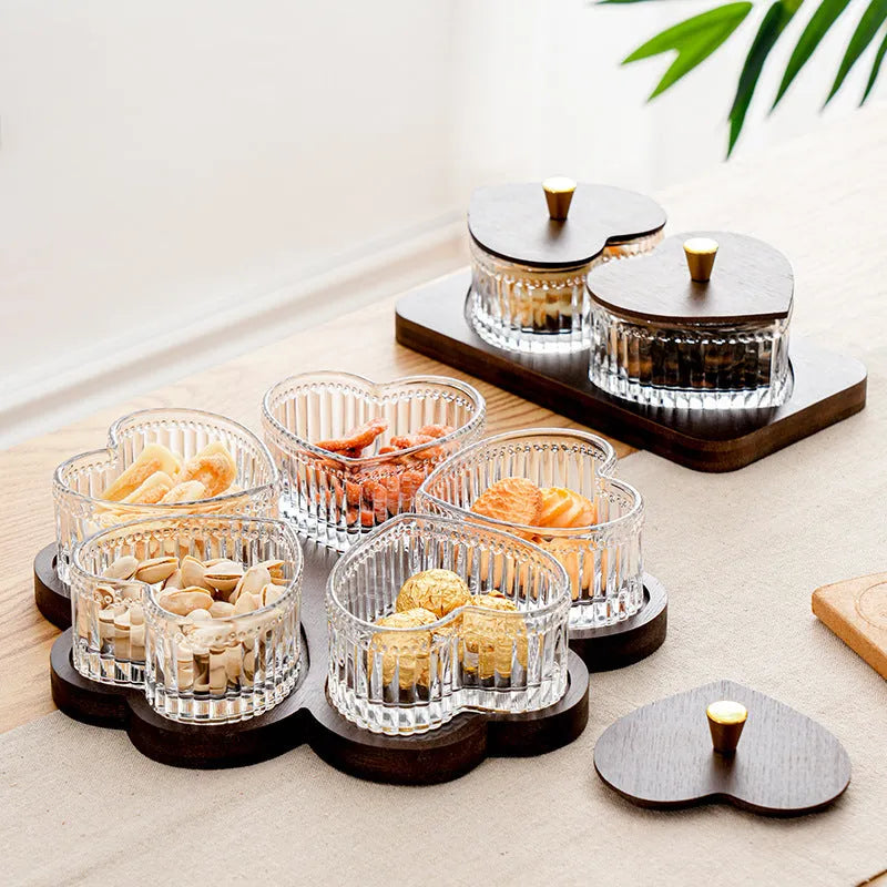 Glass dim sum plate with heart-shaped transparent lids showing solid colour finish