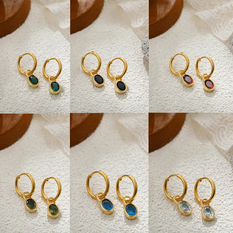 Women's copper retro oval zircon earrings showing ellipse shape in six colour variations