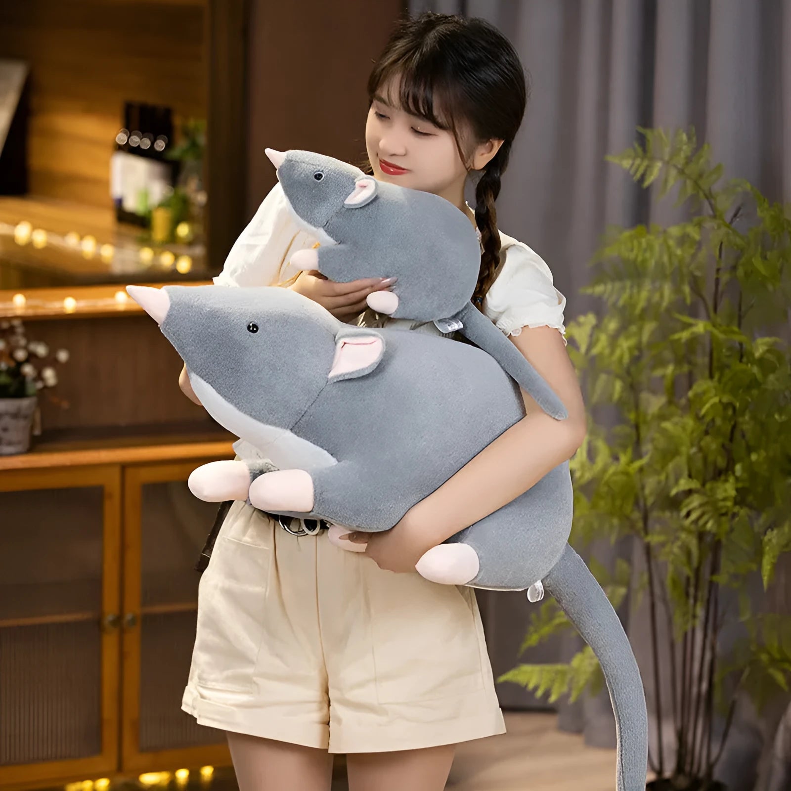 Cartoon mouse plush doll toy shown in three size options for youth companionship