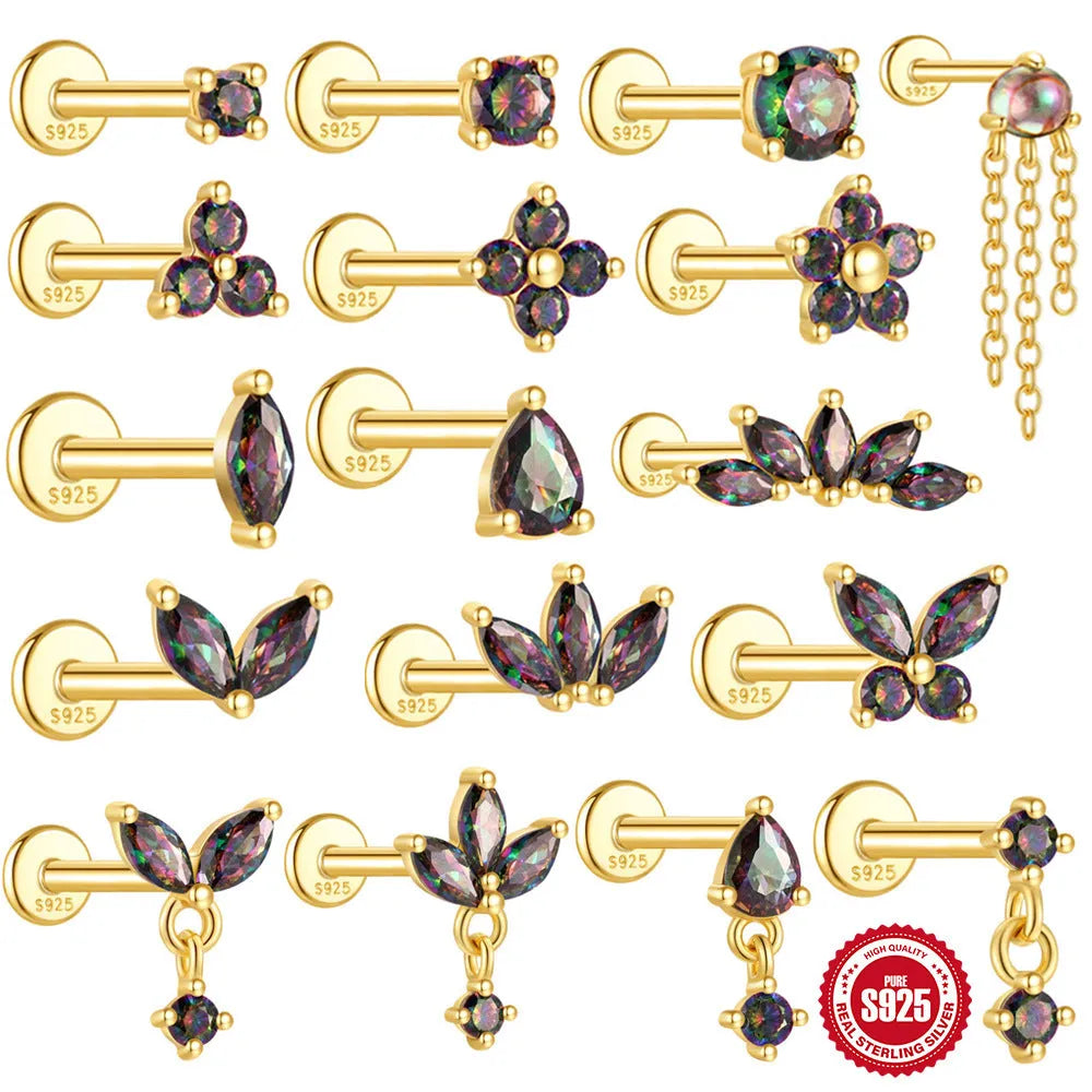 S925 sterling silver geometric ear stud with rainbow stone and super shiny gold-colour finish.