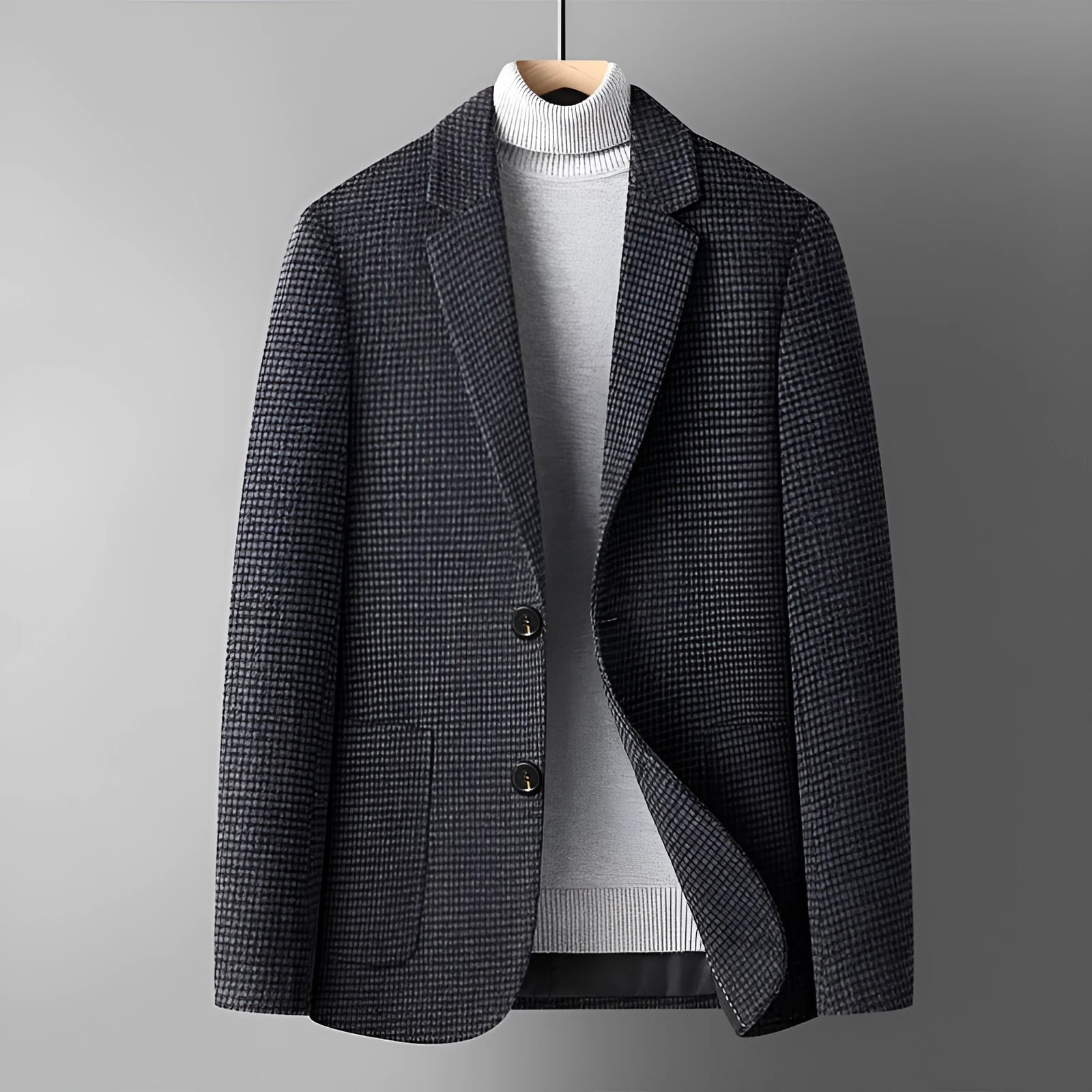 Men's grey slim fit wool blend suit jacket with notch lapel, shown on a model.