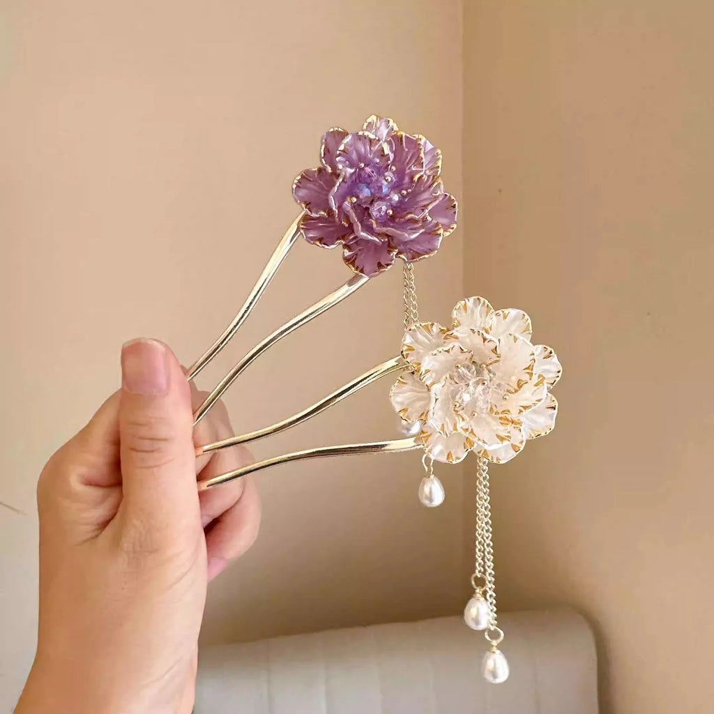 Decorative U-shaped hairpin with purple peony flower and hanging tassels in pastoral style