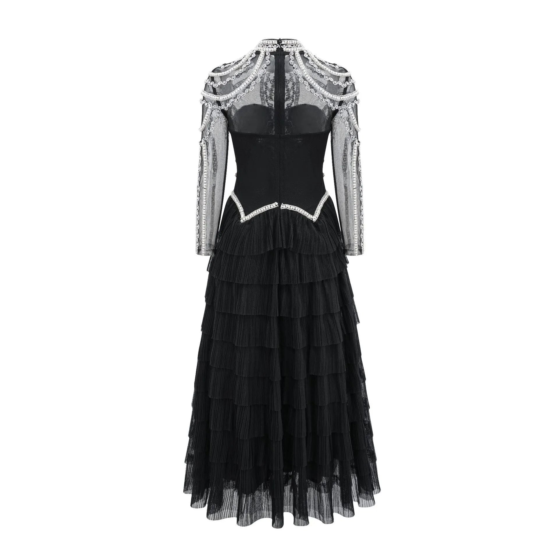 Women's black beaded long sleeve formal dress with floor-length skirt