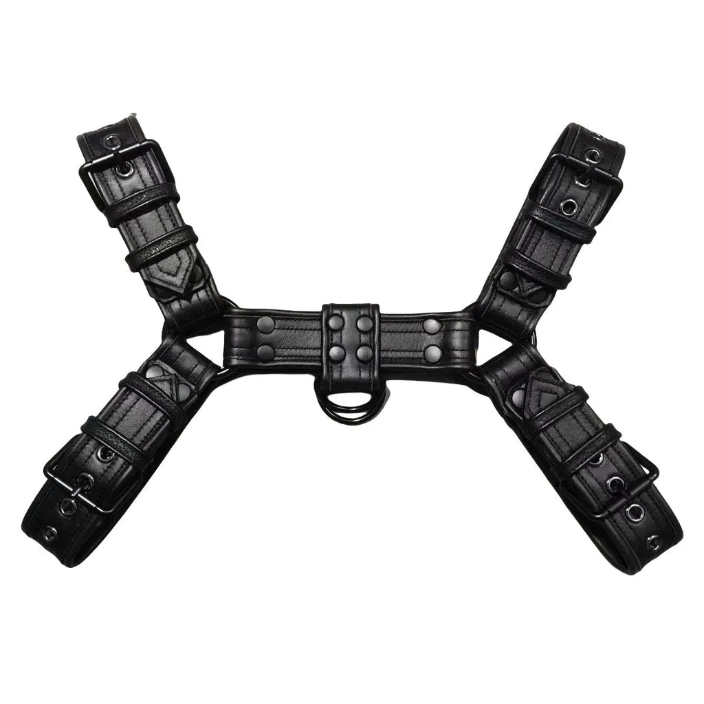 Black leather chest harness with metal buckles and adjustable straps for muscle bondage styling