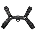 Black leather chest harness with metal buckles and adjustable straps for muscle bondage styling