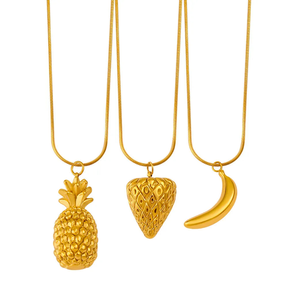 Stainless steel fruit pendant necklace with colourful charm designs including apple, grape, watermelon, pineapple, strawberry, and banana