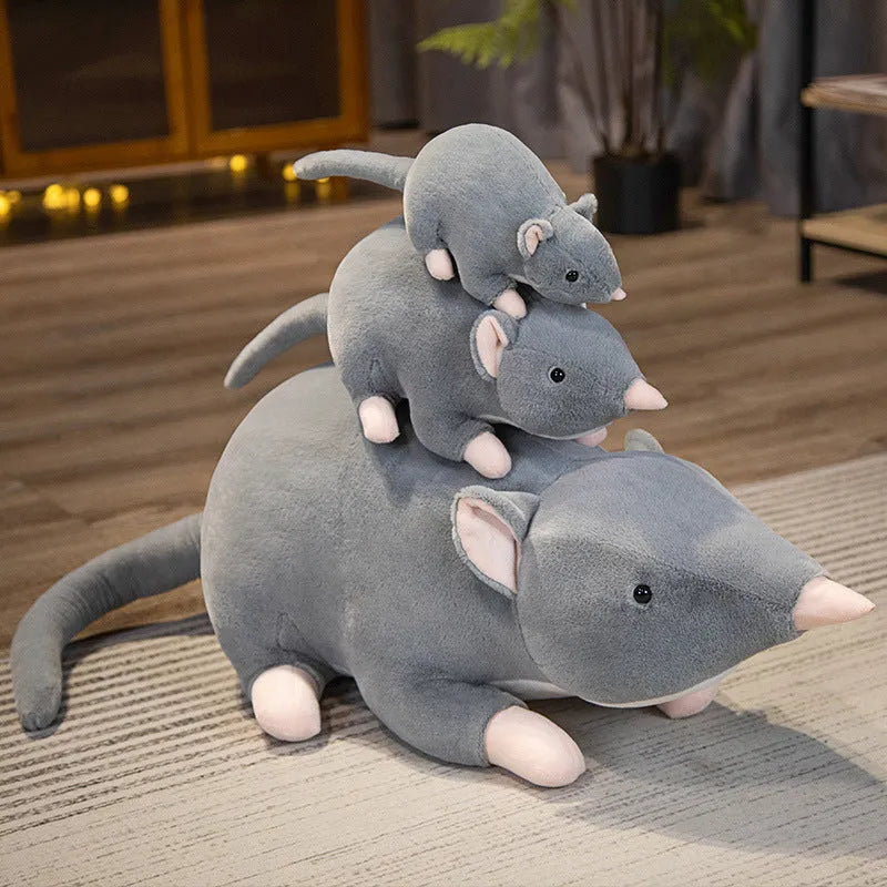 Cartoon mouse plush doll toy shown in three size options for youth companionship