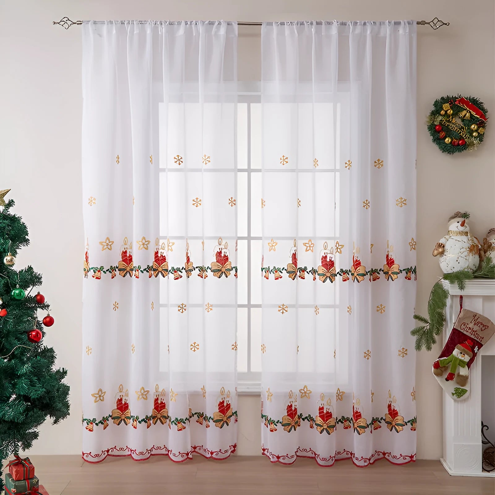 American-style Christmas curtain with white embroidered snowflake design on red polyester fabric.