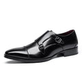 Men's black and light brown leather business shoes with square toe and rubber sole