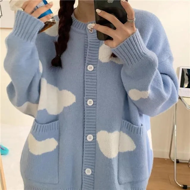 Women's blue cloud pattern spandex cardigan with loose fit and long sleeves