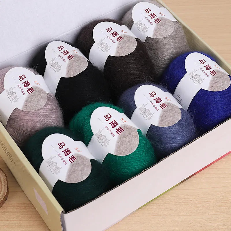 Mohair wool ball for DIY scarf knitting kit in choice of 34 colours including white, grey, red, blue, and green