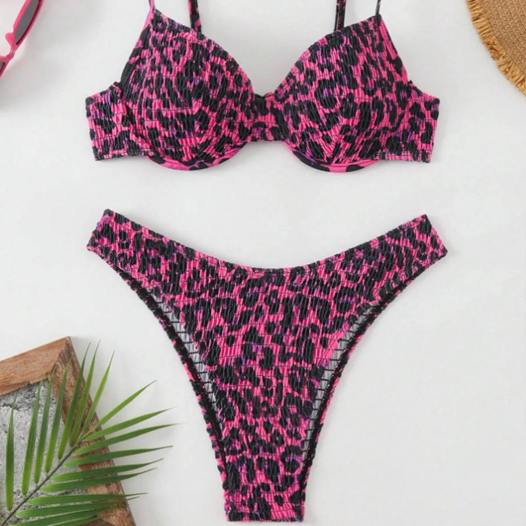 Women's leopard point print bikini swimsuit with backless design showing brown mixed colour option