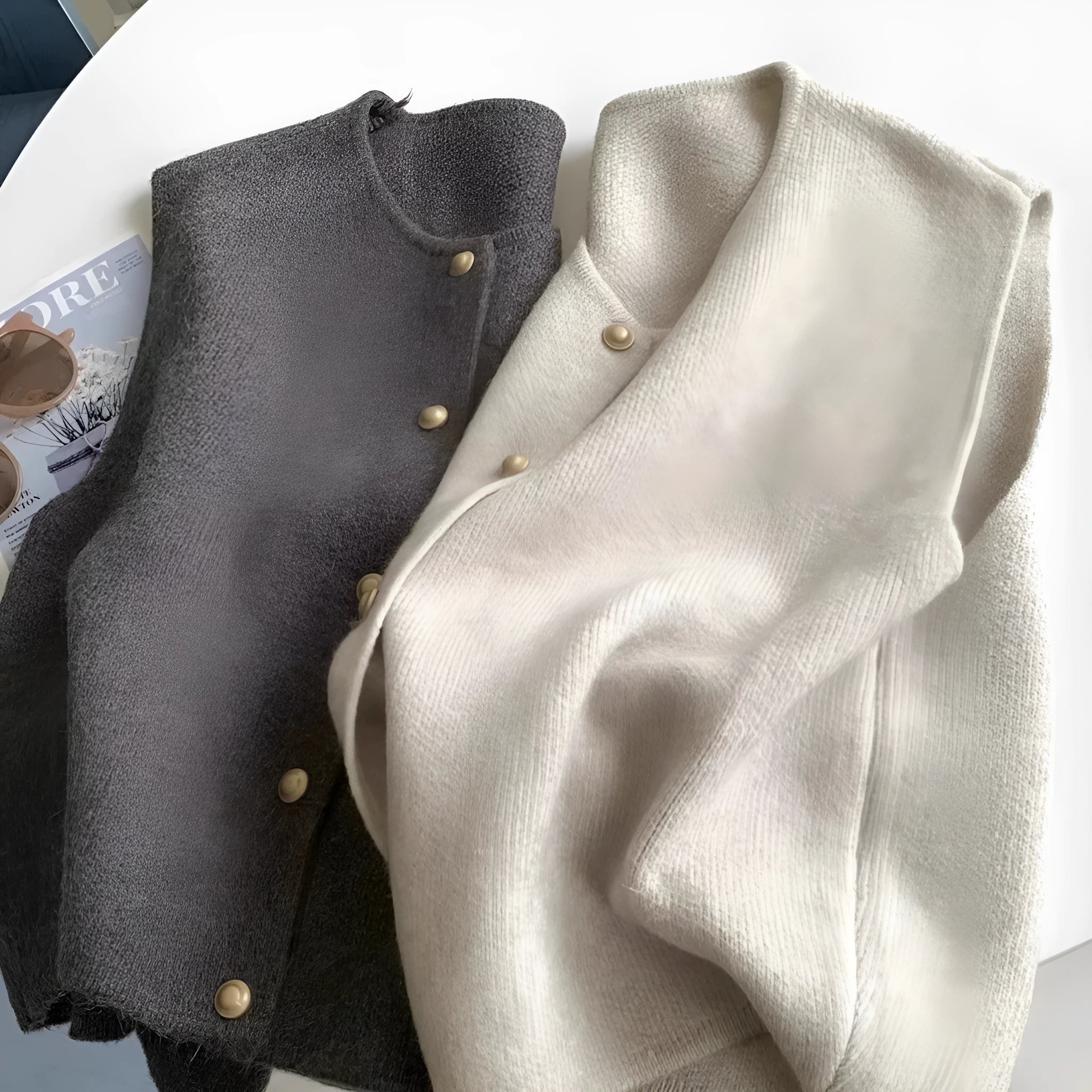 A thin, half-sleeve polyester pullover top shown in a choice of smoky grey, greige, apricot, golden camel, black, or Angora red.