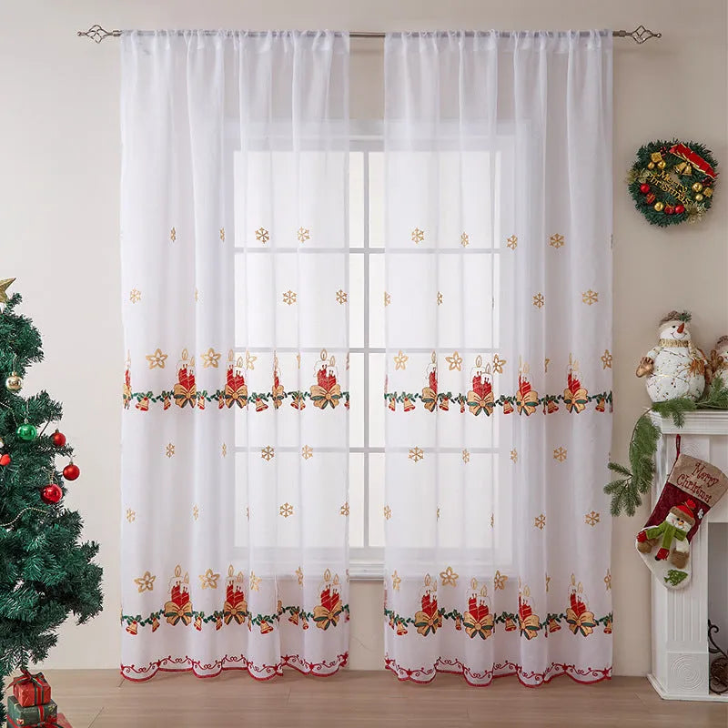 American-style Christmas curtain with white embroidered snowflake design on red polyester fabric.