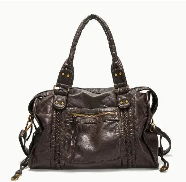 Women's brown soft PU leather retro messenger bag with a single shoulder strap, shown open to reveal internal zippered organisers.