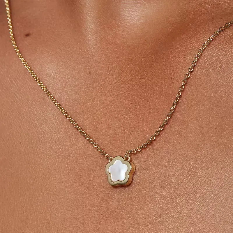 White Mother Shell Flower necklace with gold or silver chain on display