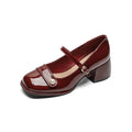 Women's apricot patent leather hiking shoe with chunky block heel and buckle closure