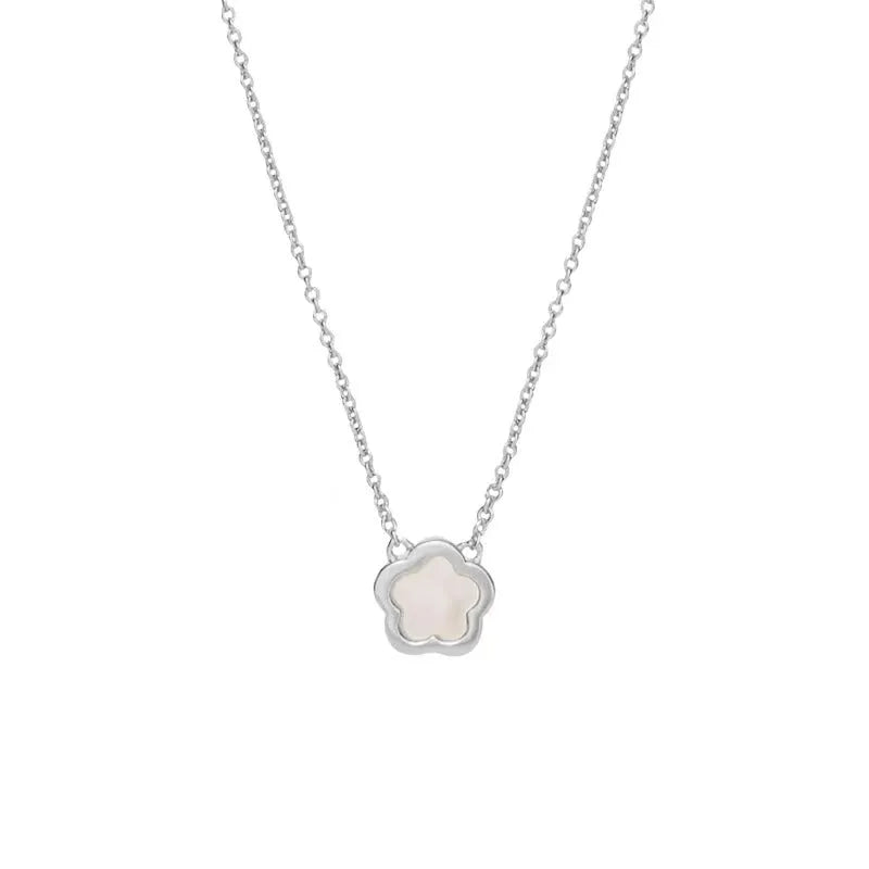 White Mother Shell Flower necklace with gold or silver chain on display