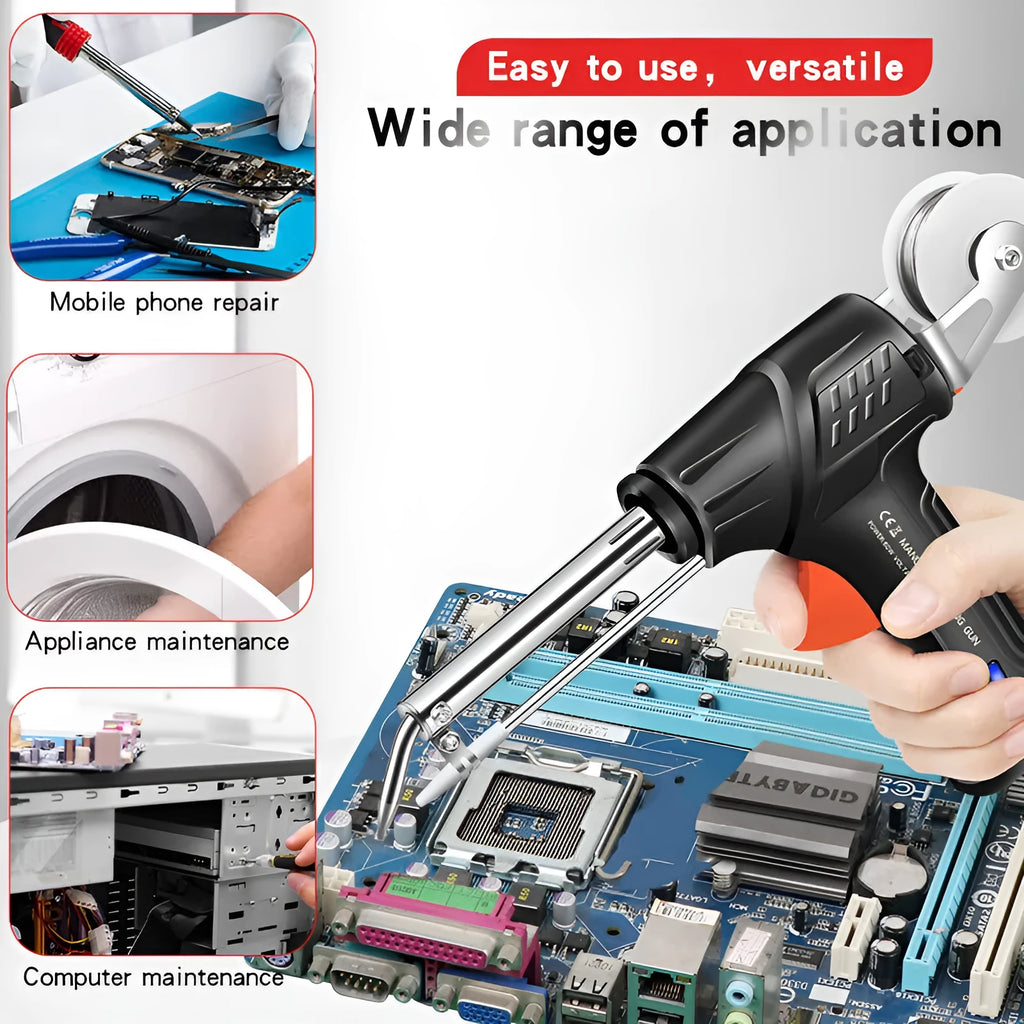 Black G102 alloy soldering gun with light, part of a five-piece kit on a workbench.