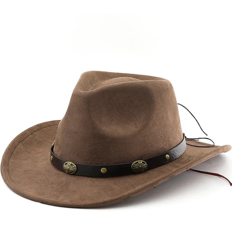 Brown leather velvet curved edge Western cowboy hat with a conical crown on a wooden surface.