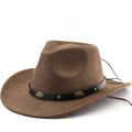 Brown leather velvet curved edge Western cowboy hat with a conical crown on a wooden surface.