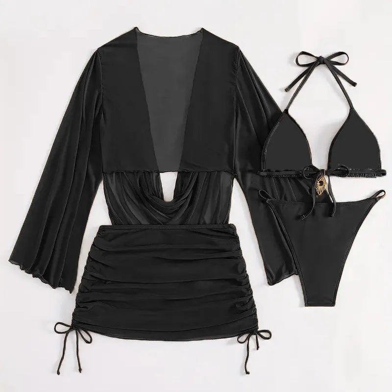 Dark brown women's lace-up back bikini set with sleeveless briefs design for swimming