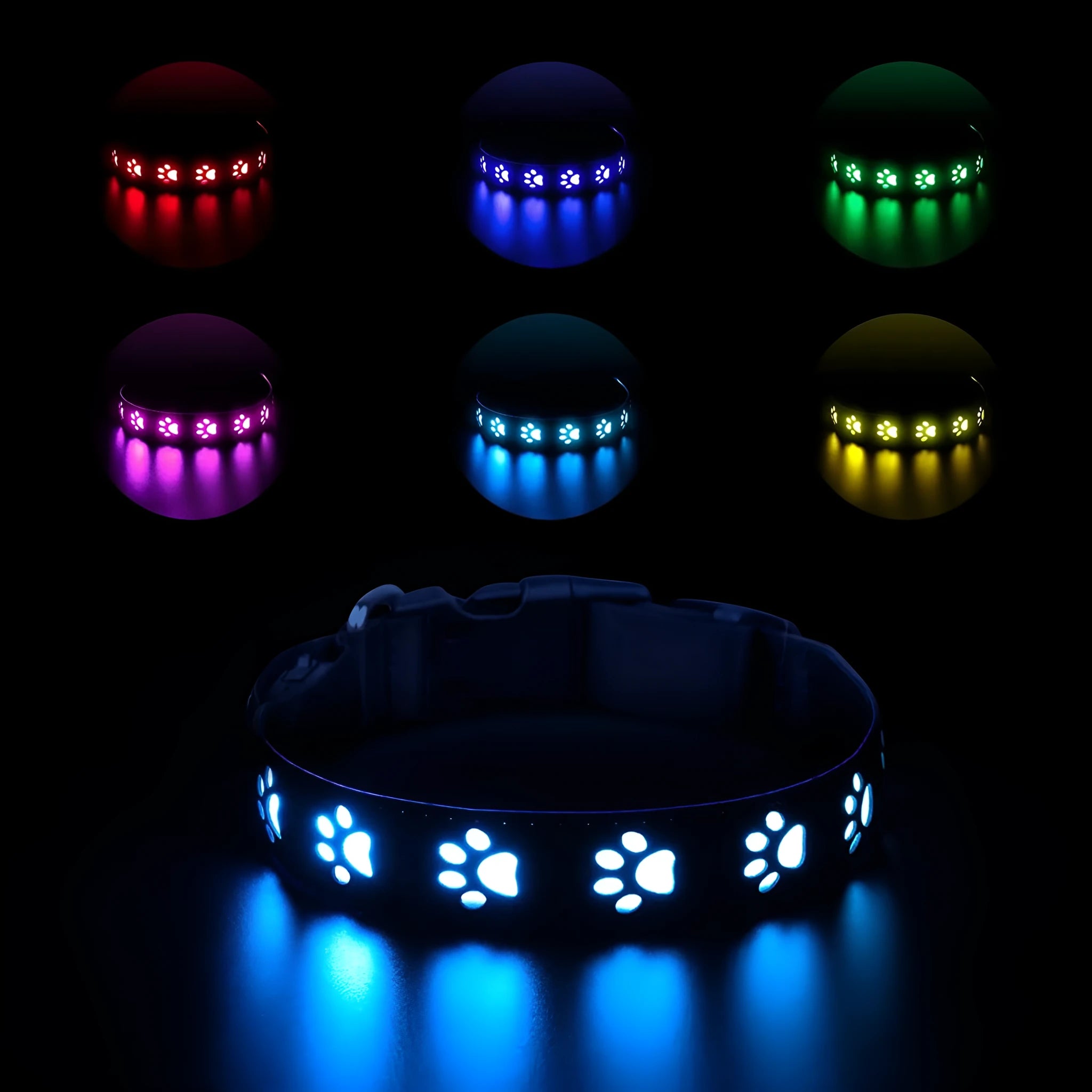LED luminous dog collar with paw print pattern showing multicolour lights, adjustable polyester band