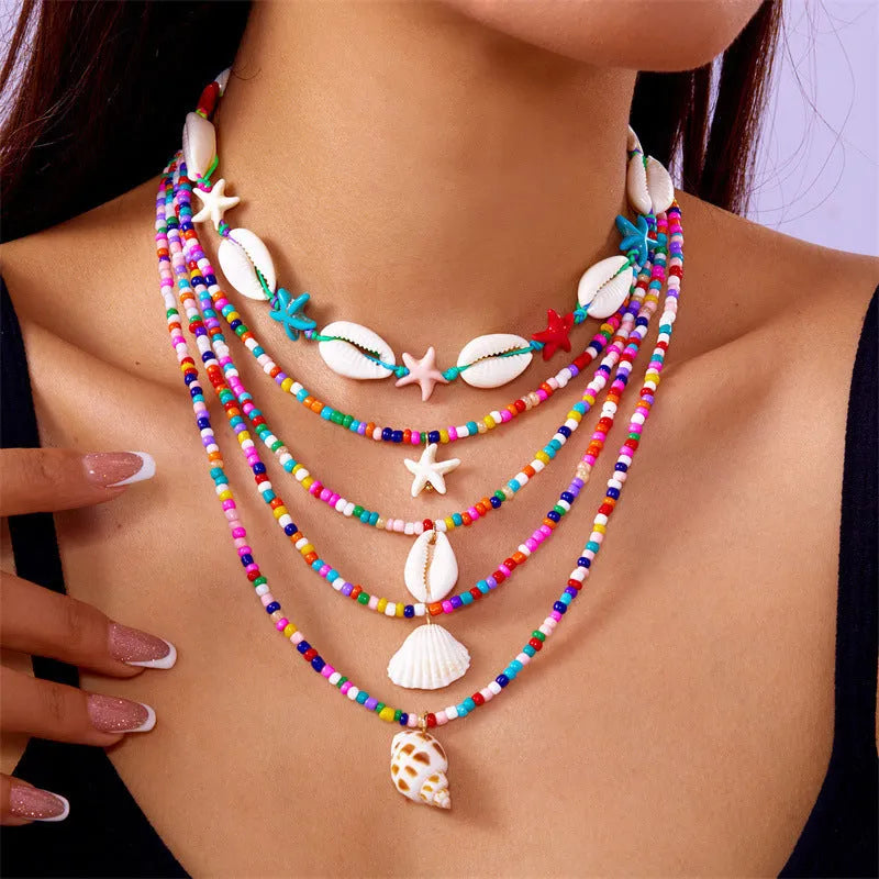 Women's starfish shell conch bead necklace five-piece set with blue and colourful electroplated alloy pendants