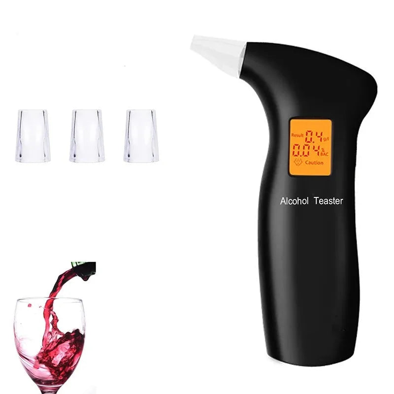 Portable orange LED breath alcohol tester with replaceable mouthpieces in black and blue colour options