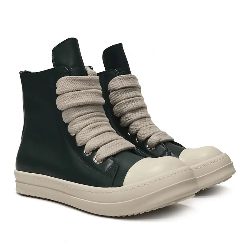 High-top leather sneakers with side zipper in black, white, and red colour options