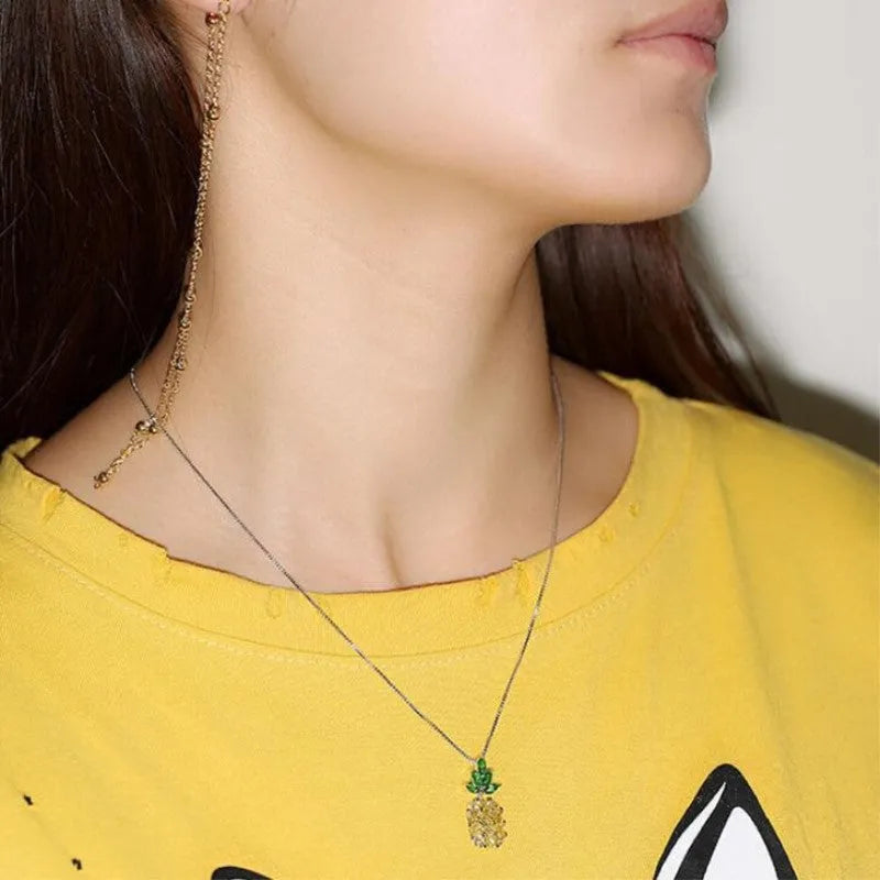 Silver plated pineapple fruit necklace with diamond accents and geometric Korean fashion design