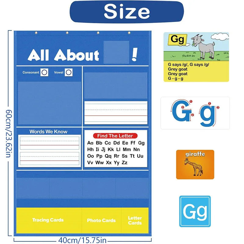 Alphabet learning sleeve table chart with educational cards displayed on 60x40cm surface