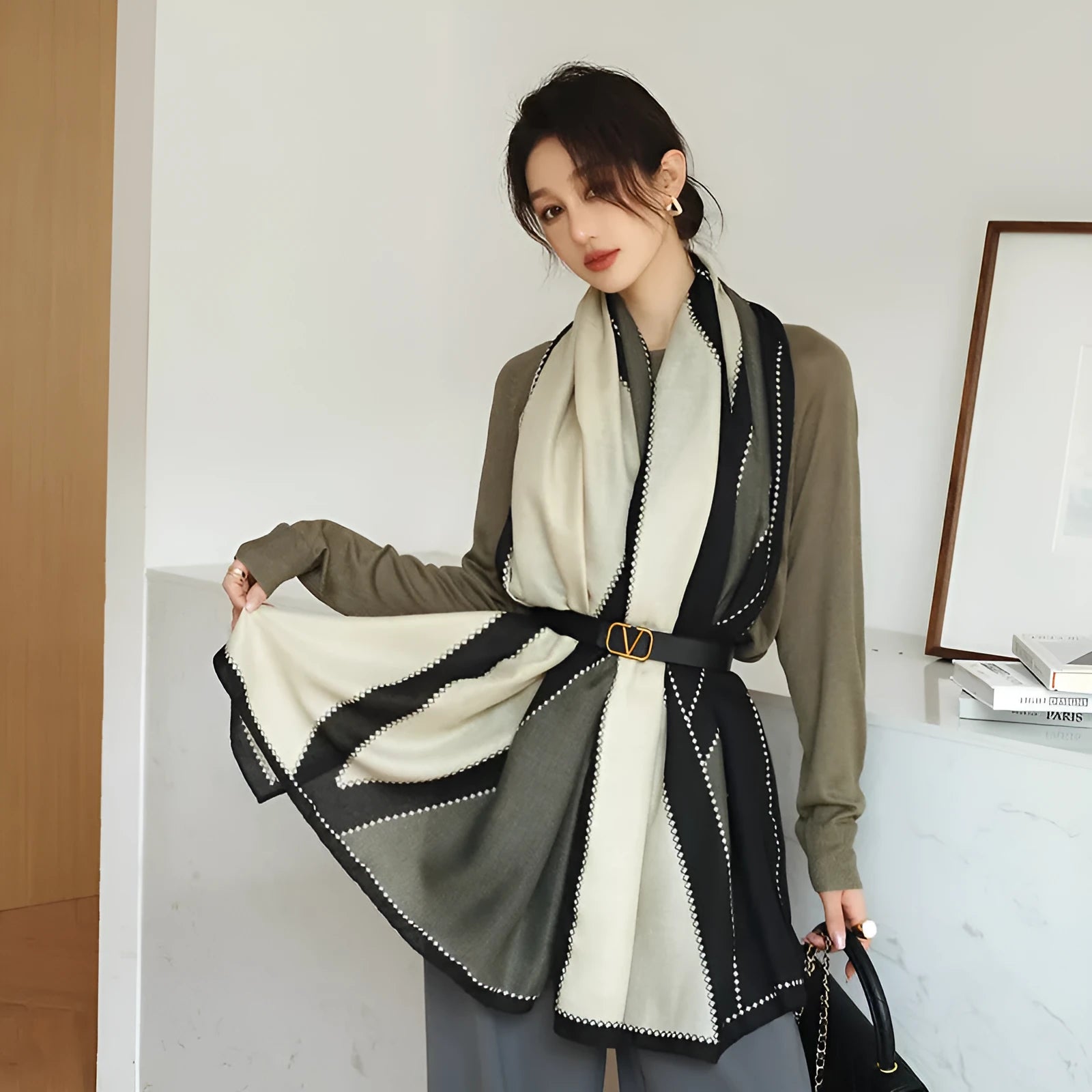 Vintage printed mid-length polyester scarf in 180cm by 90cm dimensions showing pattern detail