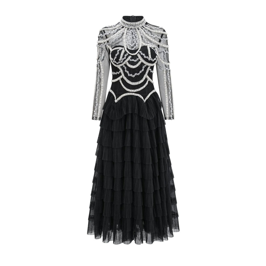 Women's black beaded long sleeve formal dress with floor-length skirt