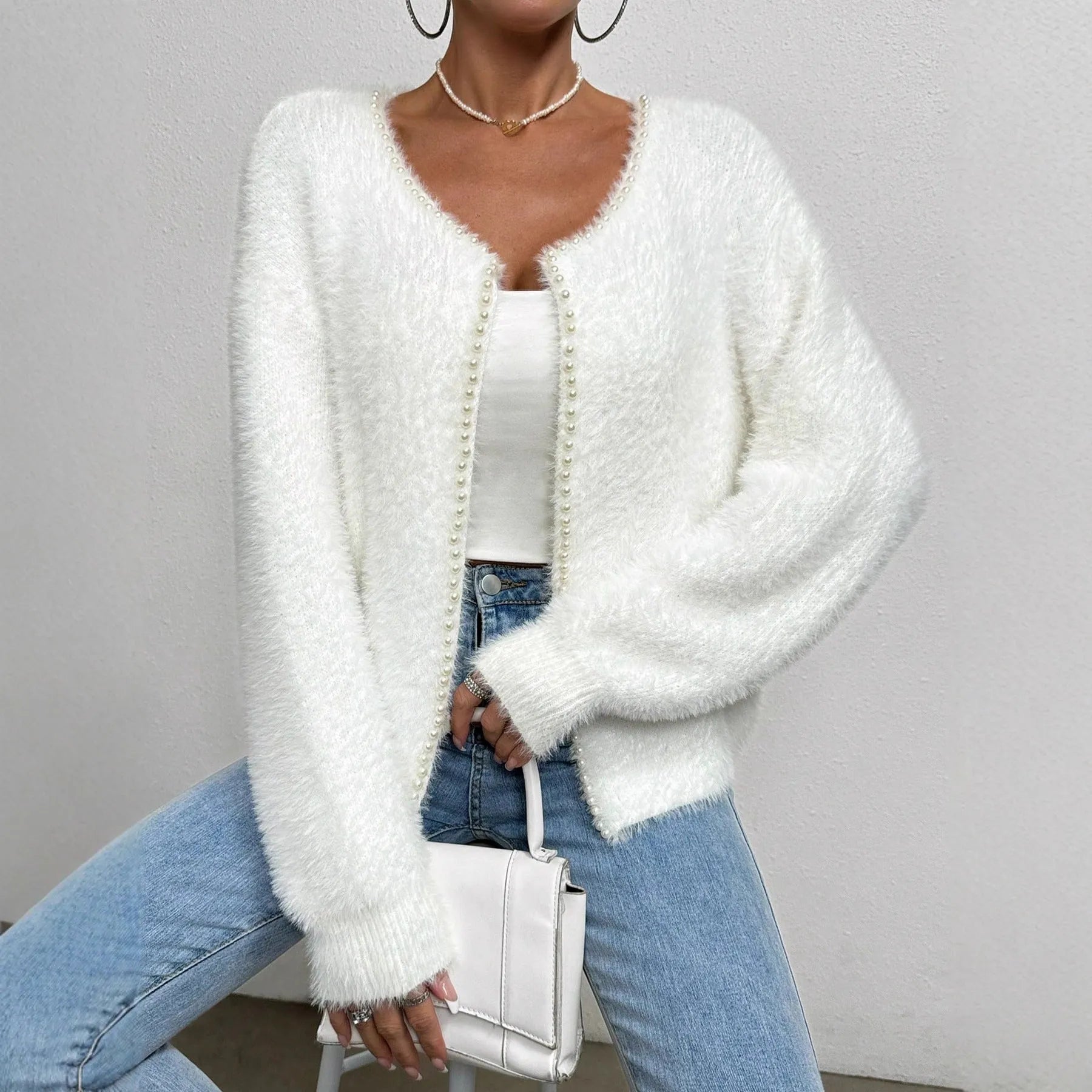 White women's V-neck cardigan with beaded knit texture