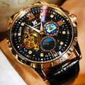 Black and rose gold automatic mechanical watch with large dial and genuine leather strap