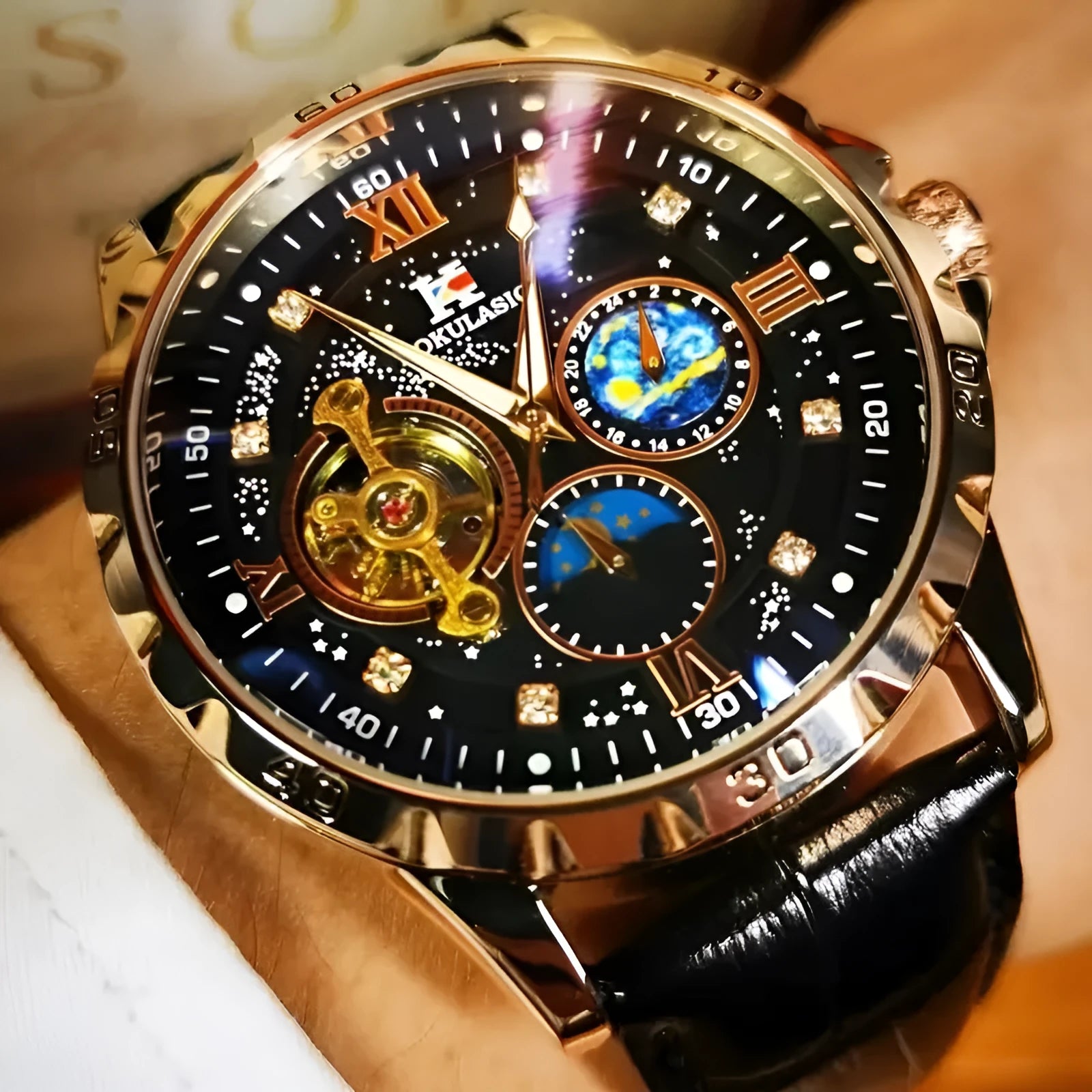 Black and rose gold automatic mechanical watch with large dial and genuine leather strap