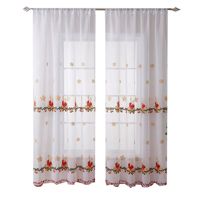 American-style Christmas curtain with white embroidered snowflake design on red polyester fabric.