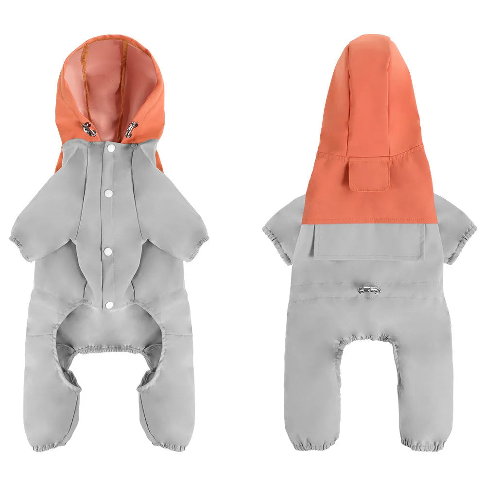 Small dog wearing a khaki coloured British style waterproof polyester shell jacket.