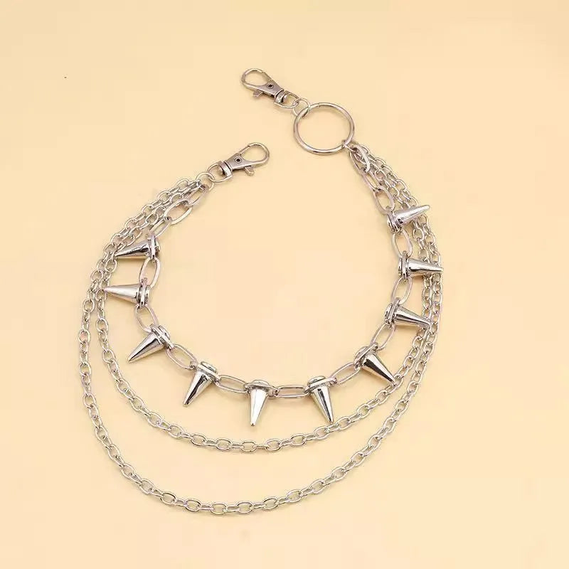 Silver metal punk fashion chain ornament with double layer rivet design measuring 115cm length