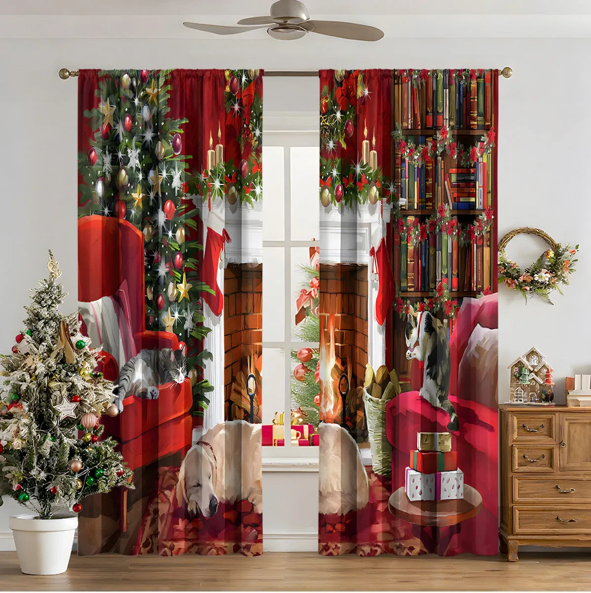 Pair of 3D digitally printed Christmas curtains with a European pattern on polyester fabric.