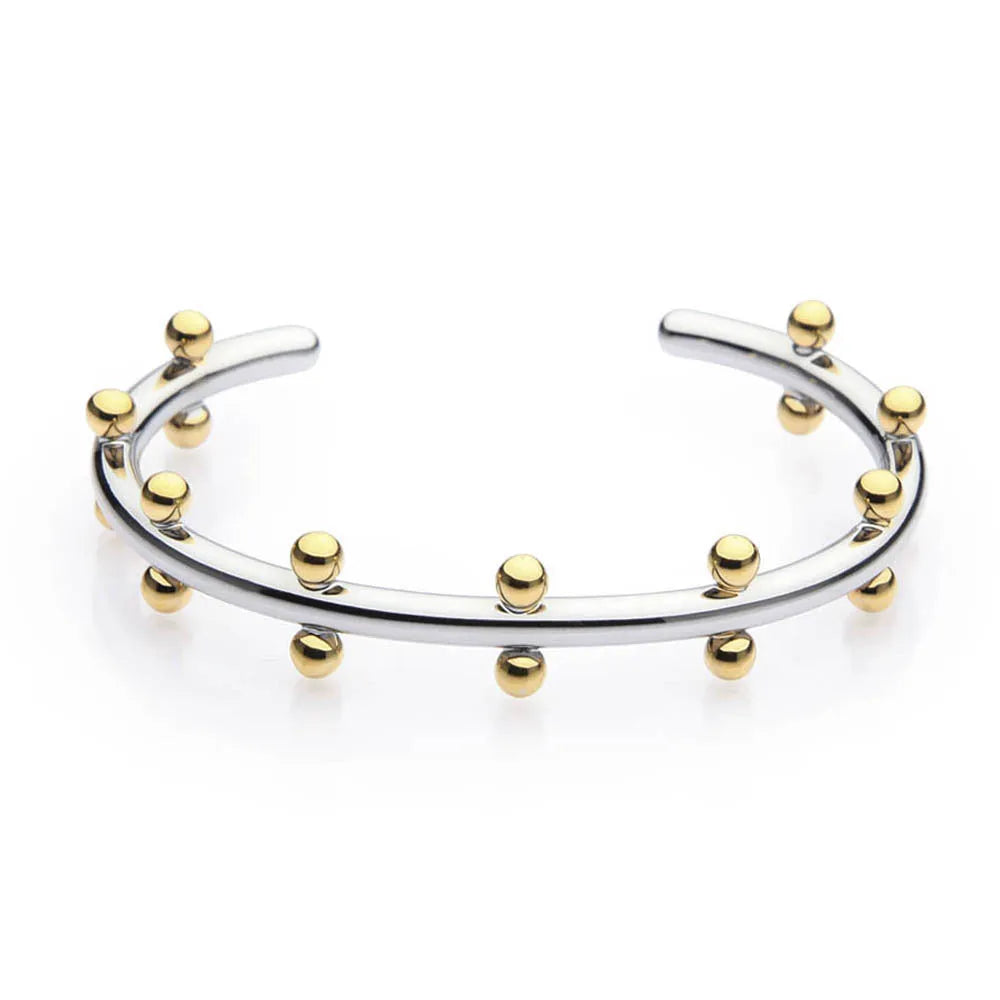 Stainless steel C-shaped bracelet with textured rivet bean beads in gold or steel colour.